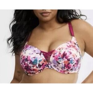 Torrid XO Plunge Push Up Bra 42 DDD Robin Floral 360 Back Smoothing Criss Cross